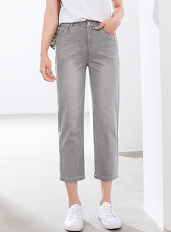 Grey High Waisted Straight Cropped Jeans