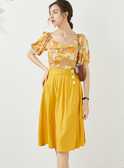 V-neck Print High Waisted A Line Skirt Suits