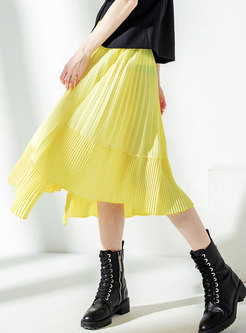 Yellow Elastic Waist Pleated High-low Midi Skirt