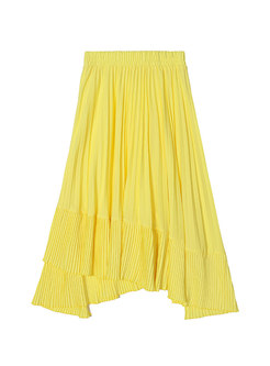 Yellow Elastic Waist Pleated High-low Midi Skirt