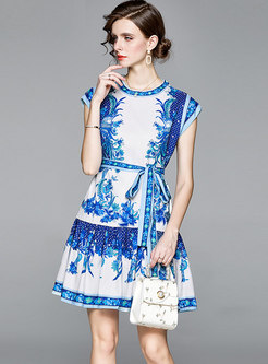 Blue Print Crew Neck A Line Mini Dress