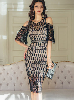 Cold Shoulder Lace Openwork Sexy Bodycon Dress