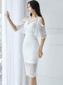 Cold Shoulder Lace Openwork Sexy Bodycon Dress
