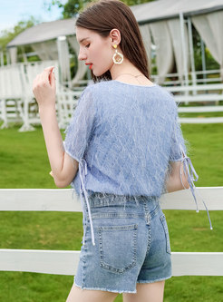 Blue Crew Neck Pullover Fringed Chiffon Blouse