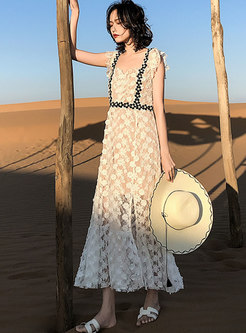 Color-blocked Lace Patchwork Openwork Beach Dress