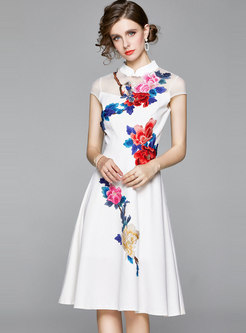 White Mandarin Collar Embroidered Skater Dress