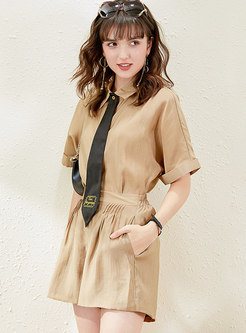 Lapel Short Sleeve High Waisted Wide Leg Pant Suits