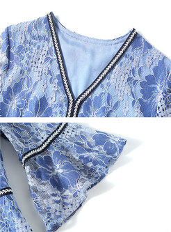 Blue V-neck Print Flare Sleeve Lace Dress