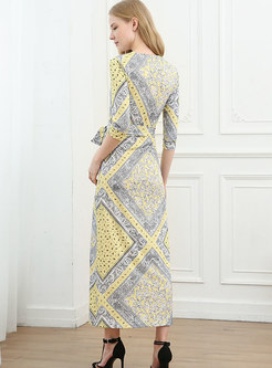 V-neck Print Plaid Slim Maxi Wrap Dress