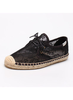 Round Toe Lace Up Openwork Flats