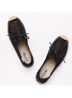 Round Toe Lace Up Openwork Flats