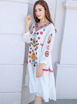 White Long Sleeve Embroidered Shift Beach Dress
