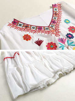 White Long Sleeve Embroidered Shift Beach Dress