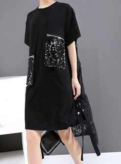 Black Print Sequined Shift T-shirt Dress