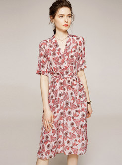 V-neck Floral Silk A Line Knee-length Dress