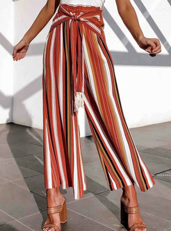 High Waisted Fringed Striped Wide Leg Pants