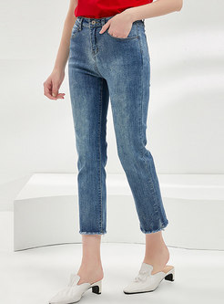 High Waisted Slim Raw Edge Cropped Jeans