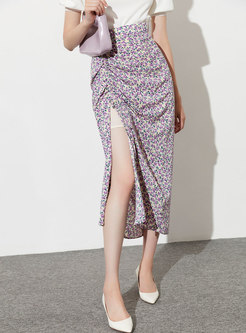 High Waisted Floral Drawcord Sheath Midi Skirt