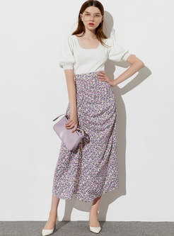 High Waisted Floral Drawcord Sheath Midi Skirt
