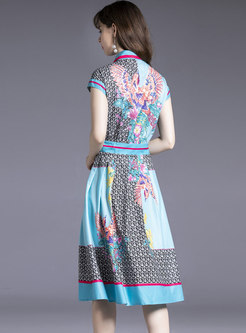 Lapel Bowknot Retro Print Pleated Midi Dress