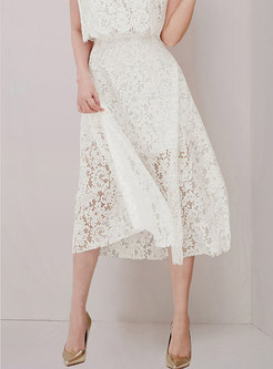 White Mock Neck Sleeveless Lace Openwork Skirt Suits