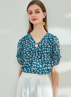Puff Sleeve Striped Floral Chiffon Blouse