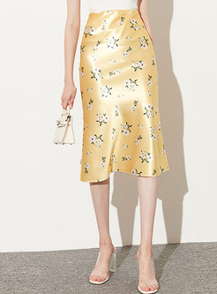Satin Floral High Waisted Peplum Midi Skirt