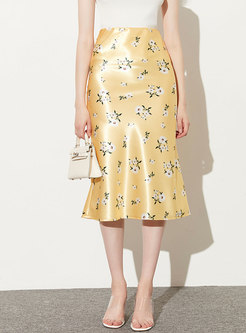 Satin Floral High Waisted Peplum Midi Skirt