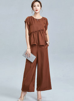 Crew Neck Ruffle Loose Wide Leg Pant Suits