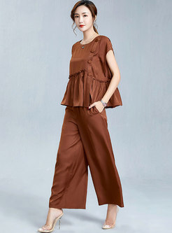 Crew Neck Ruffle Loose Wide Leg Pant Suits