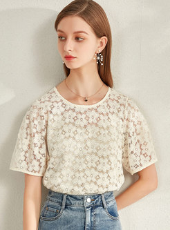 Crew Neck Pullover Lace Openwork Blouse