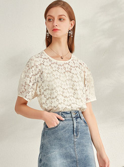 Crew Neck Pullover Lace Openwork Blouse