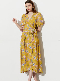 Retro Puff Sleeve Print Big Hem Maxi Dress
