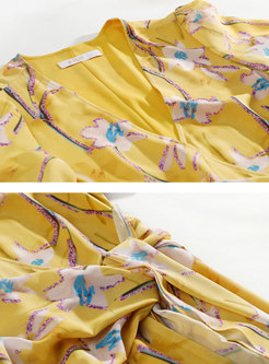 Retro Puff Sleeve Print Big Hem Maxi Dress