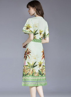 Print V-neck Short Sleeve Side-slit A Line Dress