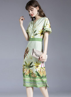 Print V-neck Short Sleeve Side-slit A Line Dress