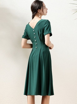 Solid Color V-neck Empire Waist A Line Dress