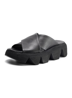 Round Toe Cross Leather Platform Slippers