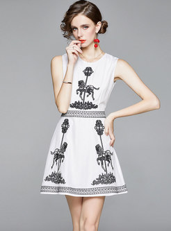 White Print Sleeveless Skater Mini Dress