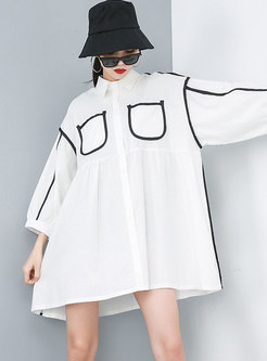White Lapel Shift Mini Shirt Dress With Pockets