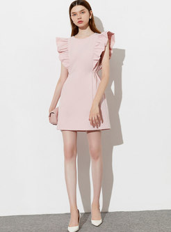 Pink Crew Neck Ruffle Sleeve A Line Mini Dress