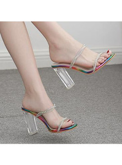 Square Neck Chunky Heel Transparent Slippers