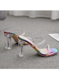 Square Neck Chunky Heel Transparent Slippers