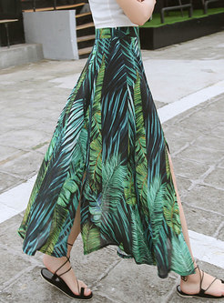 Bohemian High Waisted Slit Print Maxi Skirt