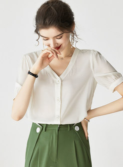 Solid Color V-neck Silk Single-breasted Blouse