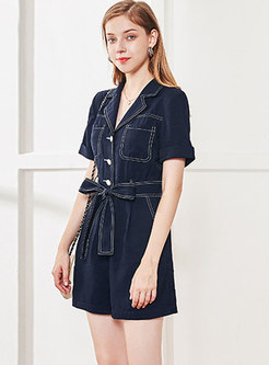 Notched Short Sleeve Bowknot Belted Rompers