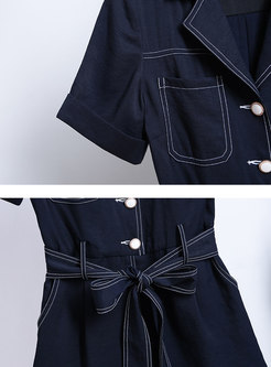 Notched Short Sleeve Bowknot Belted Rompers