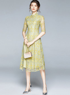 Mandarin Collar Openwork Lace Midi Dress