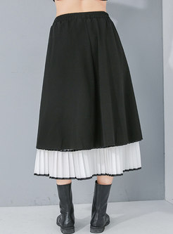 Color-blocked Big Hem A Line Pleated Skirt