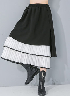 Color-blocked Big Hem A Line Pleated Skirt